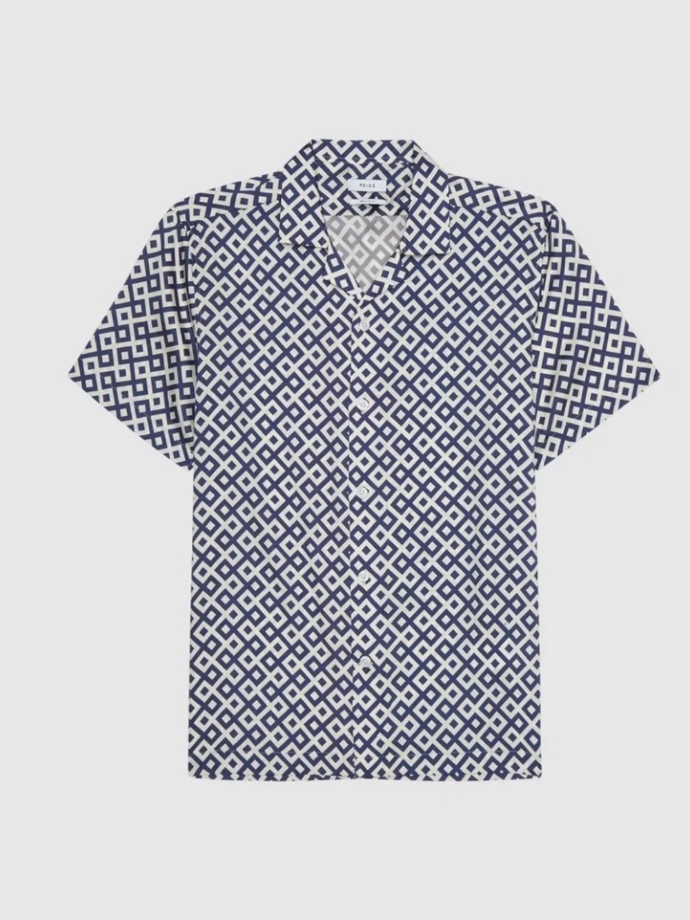 REISS Valencia Cuban Collar Geo Print Shirt in Navy - Picture 6 of 11